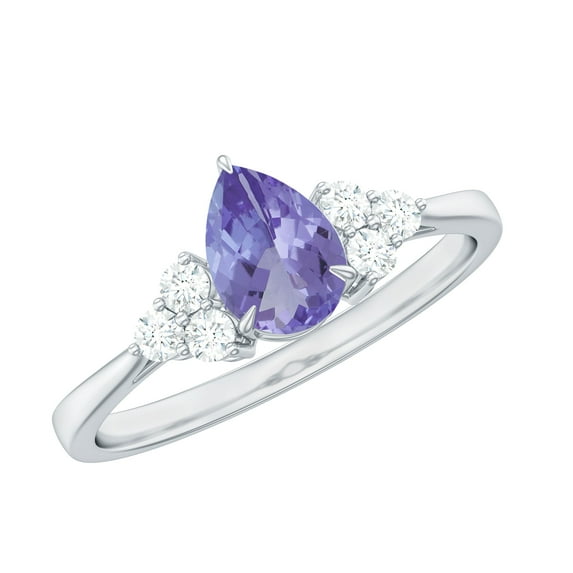 Rosec Jewels Pear Cut Tanzanite Solitaire Ring with Diamond Accent (1.25 CT, AAA Quality), 10K White Gold, US 4.00