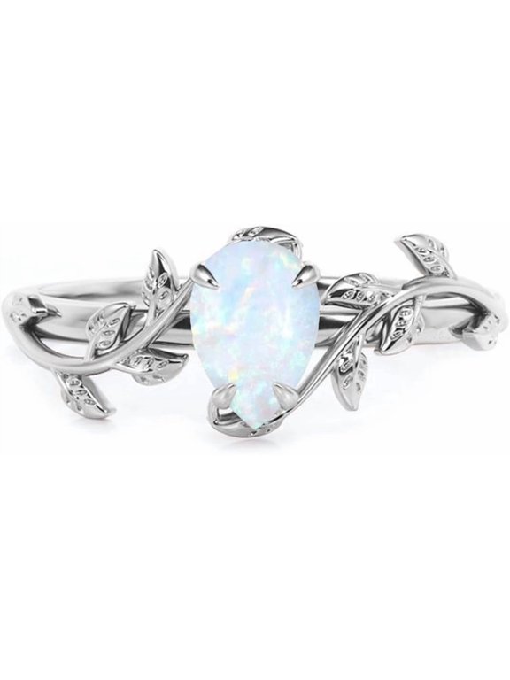 Pear Cut White Opal Vine Leaf Rings for Women S925 Sterling Silver 6X8 MM Created Opal Art Deco Inspired Leaf Ring Promise Statement Anniversary Ring for Her Size 5-9