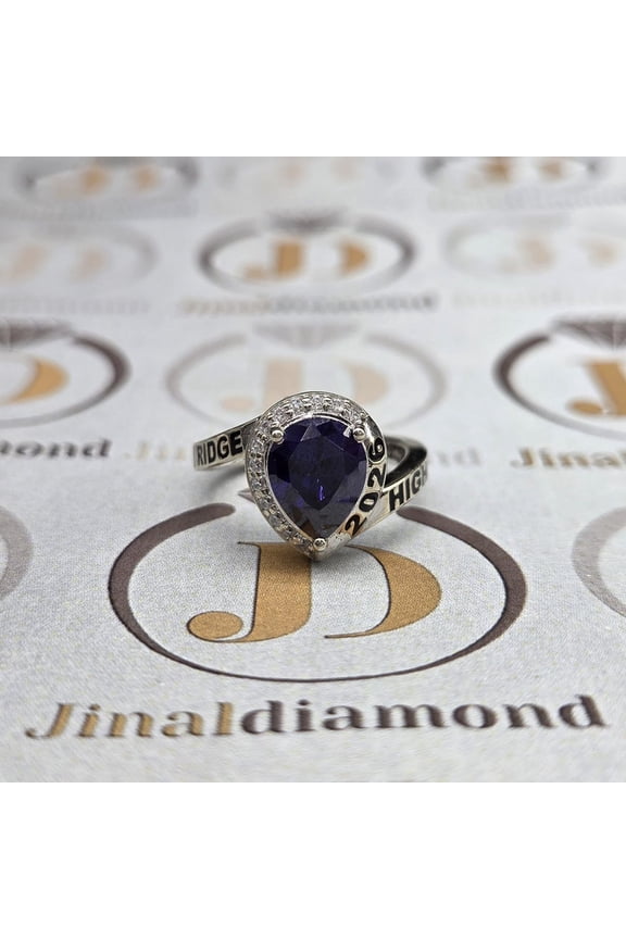 Pear Cut personalized Silver-Stone Fashion High School Ring 2026 name with Deep Blue Center Stone 925 Sterling Silver
