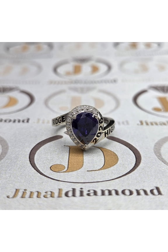 Pear Cut personalized Silver-Stone Fashion High School Ring 2026 name with Deep Blue Center Stone 925 Sterling Silver