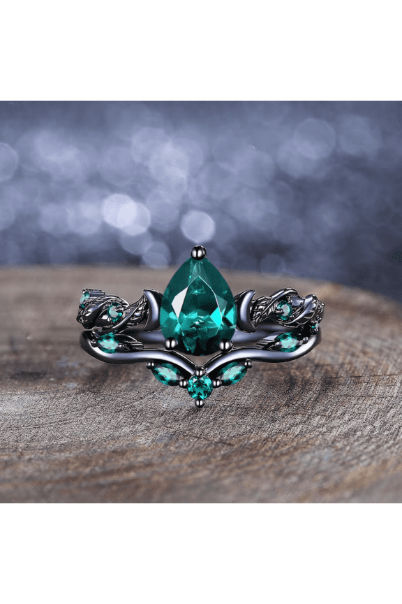 Pear Emerald Engagement Ring Set Unique Crescent Moon Leaf Design Cluster Stacking Ring Set in 14K Black Gold Vermeil- May Birthstone