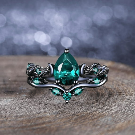 Pear Emerald Engagement Ring Set Unique Crescent Moon Leaf Design Cluster Stacking Ring Set in 14K Black Gold Vermeil- May Birthstone