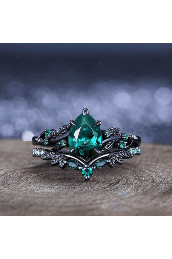 Pear Emerald Engagement Ring Set in 14K Black Gold Vermeil- Unique Leaf Design Black Gold Cluster Ring