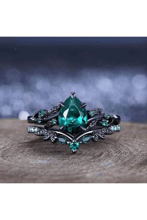 Pear Emerald Engagement Ring Set in 14K Black Gold Vermeil- Unique Leaf Design Black Gold Cluster Ring