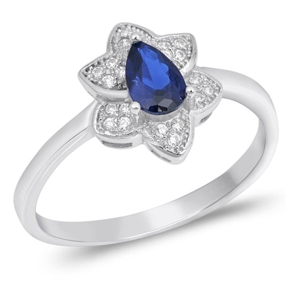 Pear Flower Blue Simulated Sapphire Ring .925 Sterling Silver Band CZ Jewelry Female Size 9