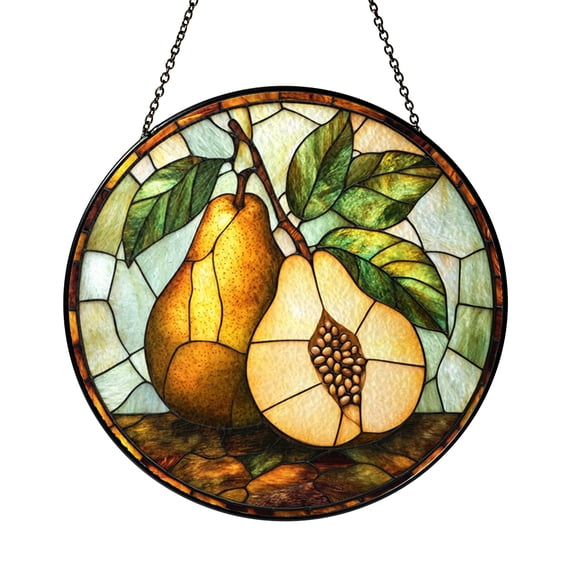 Pear Fruit Stained Glass Style Suncatcher Window Hanging Decor, Fresh Pear Decorative Glass Panel Art for Kitchen Window Decoration, Fruit Ornament for Home Window Decor
