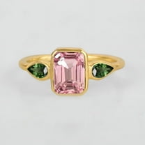 Pear Green Sapphire and Emerald Cut Pink Sapphire Bridal Band Ring, Bezal Set Three Gemstone Ring, 925 Starling Silver Minimalist Unique Handmade Ring.