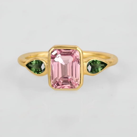Pear Green Sapphire and Emerald Cut Pink Sapphire Bridal Band Ring, Bezal Set Three Gemstone Ring, 925 Starling Silver Minimalist Unique Handmade Ring.