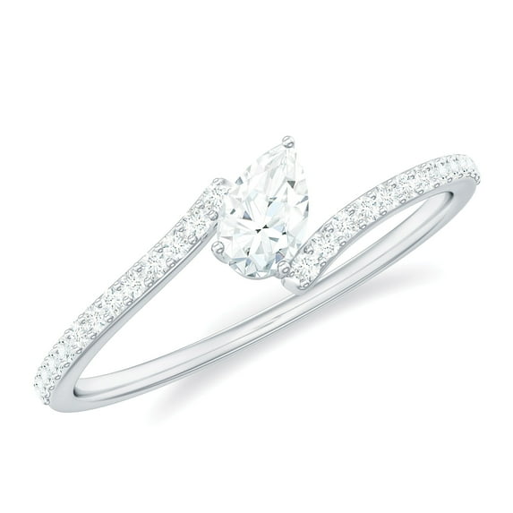 Rosec Jewels Pear Moissanite Bypass Engagement Ring with Side Stones (D-VS1 Grade), 14K White Gold, US 12.00