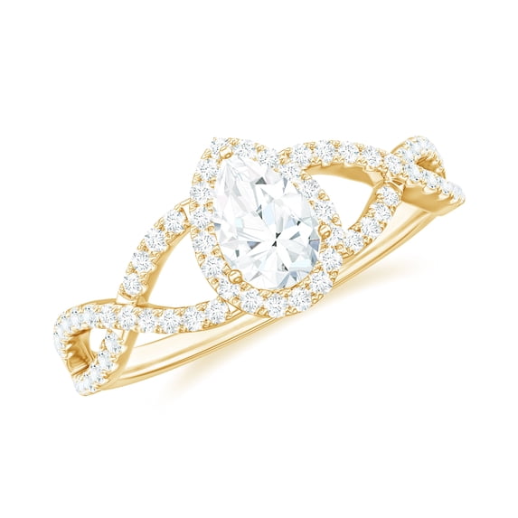 Rosec Jewels Moissanite Pear Shape Engagement Ring 1 Ct - 5X7 mm - Crossover Ring - D-VS1 Quality Certified, 10K Yellow Gold, US 7.00