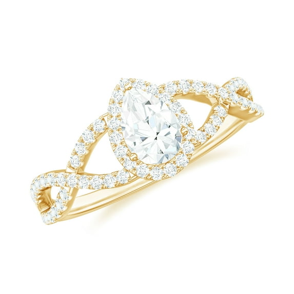 Rosec Jewels Moissanite Pear Shape Engagement Ring 1 Ct - 5X7 mm - Crossover Ring - D-VS1 Quality Certified, 10K Yellow Gold, US 9.50