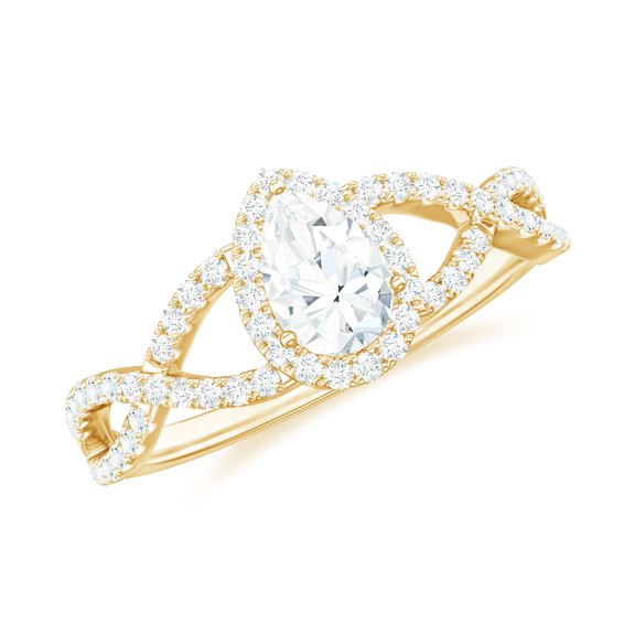 Rosec Jewels Moissanite Pear Shape Engagement Ring 1 Ct - 5X7 mm - Crossover Ring - D-VS1 Quality Certified, 10K Yellow Gold, US 9.50