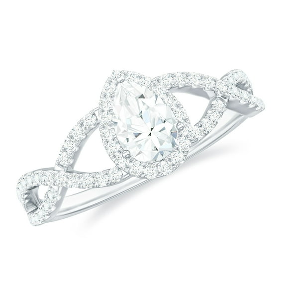 Rosec Jewels Moissanite Pear Shape Engagement Ring 1 Ct - 5X7 mm - Crossover Ring - D-VS1 Quality Certified, 14K White Gold, US 4.00
