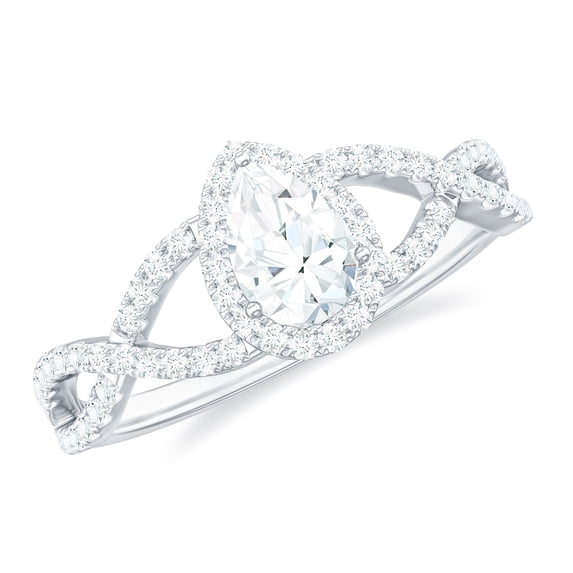 Rosec Jewels Moissanite Pear Shape Engagement Ring 1 Ct - 5X7 mm - Crossover Ring - D-VS1 Quality Certified, 18K White Gold, US 4.00