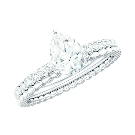Rosec Jewels Moissanite Teardrop Engagement Ring - 5X7 mm Pear Shape - Designer Ring for Women - D-VS1 Grade, 10K White Gold, US 7.00