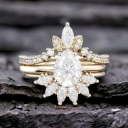 SHREENATHJEWELRY Pear Moissanite Wedding Ring Set, Yellow Gold Diamond Promise Ring, Art Deco Bridal crown Band Chevron Engagement Ring Birthday Gift Jewelry
