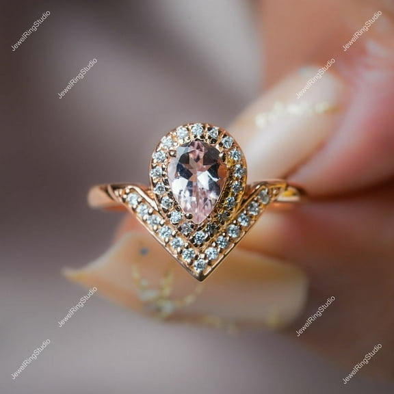 Pear Morganite Ring Silver Gold Engagement Ring June Birthstone Ring Anniversary Gift For Women
