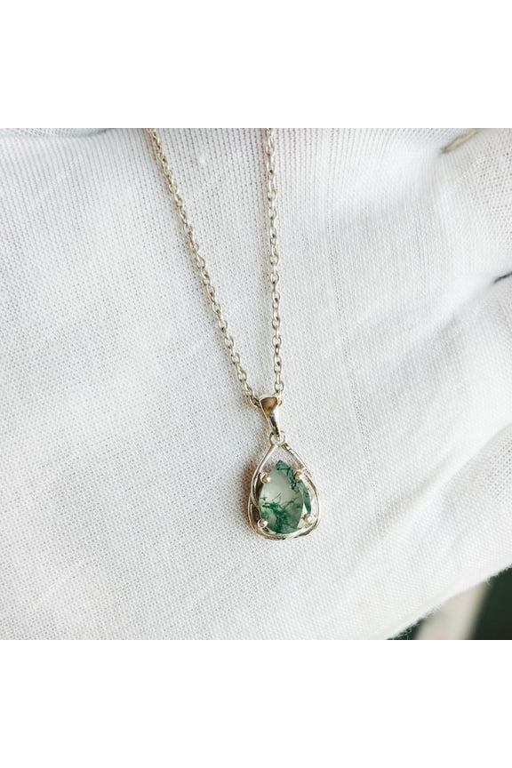 Pear Moss Agate Pendant Necklace, Sterling Silver Setting Natural Moss Agate Stone Jewelry Pendant, Perfect Gift For Her With Chain Sterling Silver
