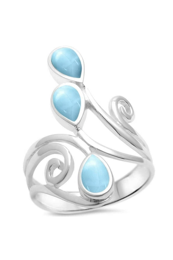 Pear Natural Larimar Wrap Around Spiral Ring Sterling Silver Size 7