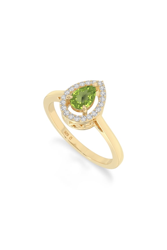 Pear Natural Peridot Halo Rings for Women in 18K Yellow Gold Vermeil, August Birthstone Jewelry Gifts for Her Birthday, Wedding Anniversary, Mothers Day, Graduation, Valentines (US-8)