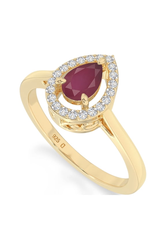 Pear Natural Ruby Halo Rings for Women in 18K Yellow Gold Vermeil, July Birthstone Jewelry Gifts for Her Birthday, Wedding Anniversary, Mothers Day, Christmas, Graduation, Valentines (US-8)
