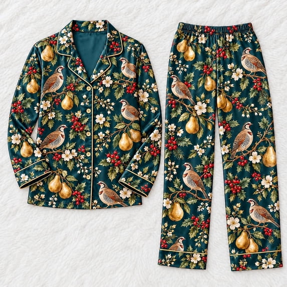 Pear Application Pear Orchard Christmas Long Pajamas Set, Printed Satin Sleepwear for ...