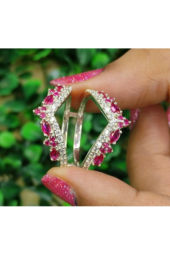 Marquise & Round Cut Pink Ruby Enhancer Ring in 925 Sterling Silver - Wedding Ring Guard