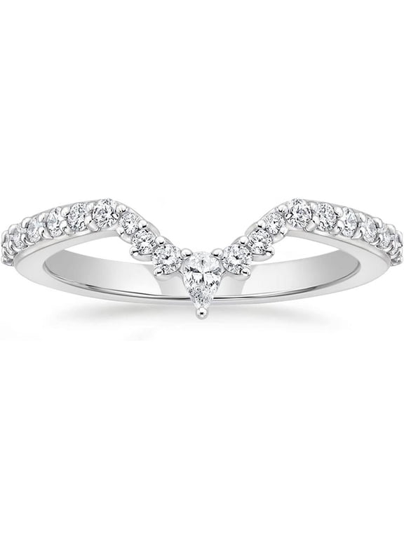 Pear & Round Lab Grown Diamond V-Shaped Chevron Contoured Wedding Band Ring 14K White Gold Plated Pure 925 Sterling Silver Curved Pave Stackable Guard Anniversary Ring for Women
