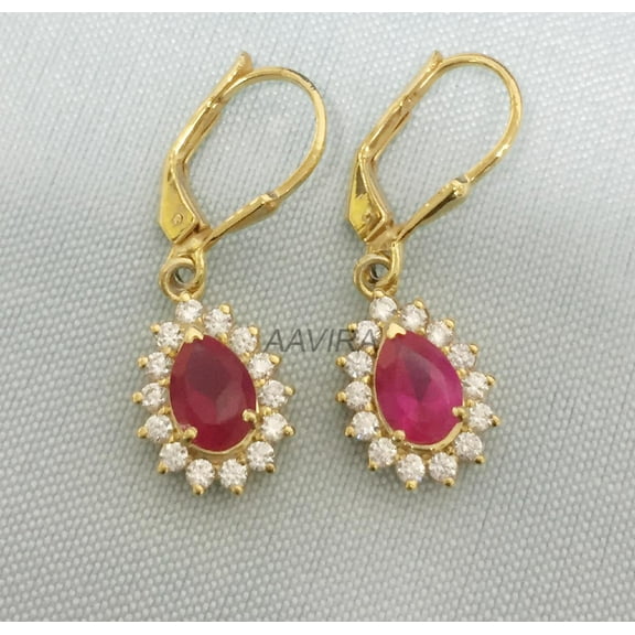 Pear Ruby Drop & Dangle Earrings, 14K Yellow Gold Ruby Birthstone Earrings for Women 14k Rose Gold Plated