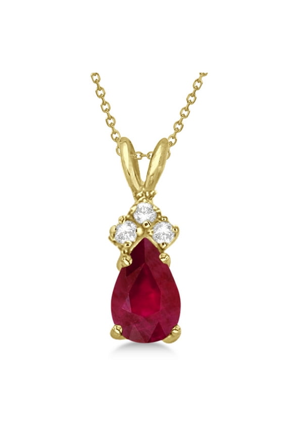 Pear Ruby and Diamond Solitaire Pendant Necklace 14k Yellow Gold (0.75ct)