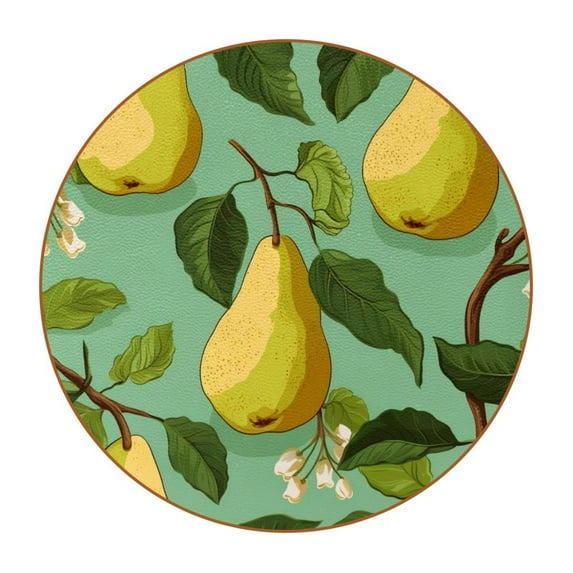 Pear Set of 6 Microfiber Leather Round Coasters 4.3x4.3 Inches - Absorbent and Stylish Drink Mats for Home and Office Use.