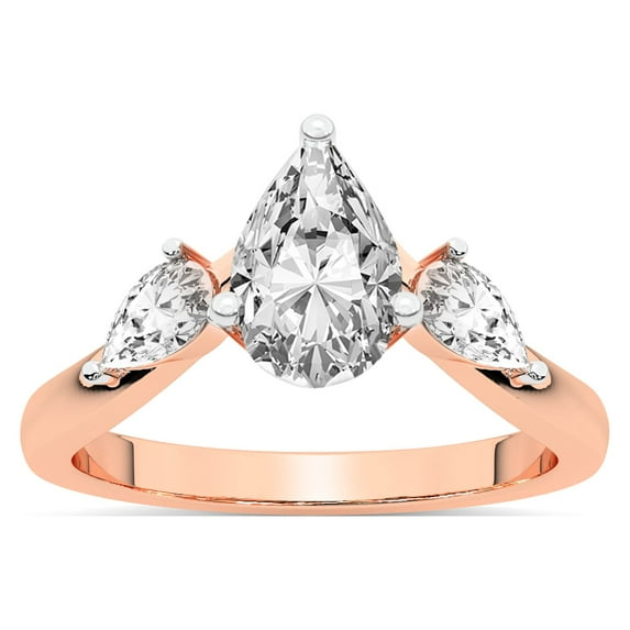 Pear Shape 1 Carat IGI Certified Lab Grown Diamond Ring | 14K Rose Gold | Joella Three Stone Chevron Diamond Ring | FG-VS1-VS2 Quality Friendly Diamonds