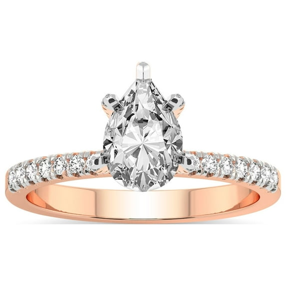 Pear Shape 1 Carat IGI Certified Lab Grown Diamond Ring | 14K Rose Gold | Sara Tapered Eternity Lab Diamond Engagement Ring | FG-VS1-VS2 Quality Friendly Diamonds
