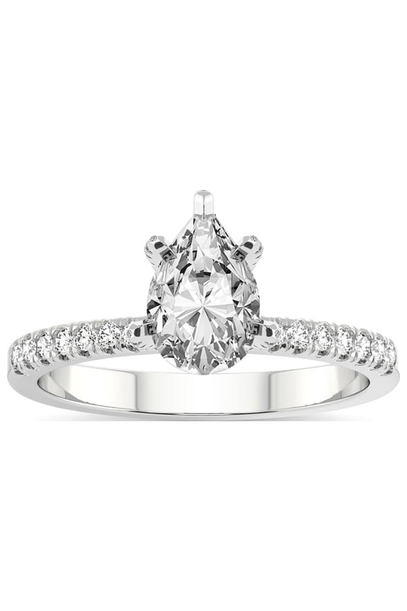 Pear Shape 1 Carat IGI Certified Lab Grown Diamond Ring | 14K White Gold | Sara Tapered Eternity Lab Diamond Engagement Ring | FG-VS1-VS2 Quality Friendly Diamonds