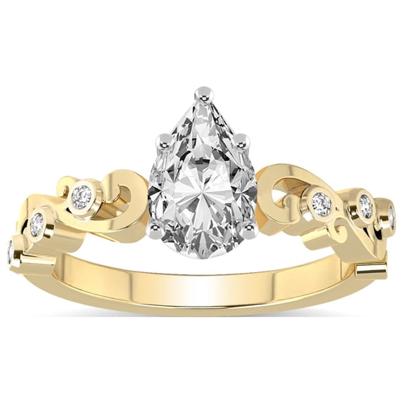 Pear Shape 1 Carat IGI Certified Lab Grown Diamond Ring | 14K Yellow Gold |Catrina Cutwork Lab Diamond Engagement Ring | FG-VS1-VS2 Quality Friendly Diamonds