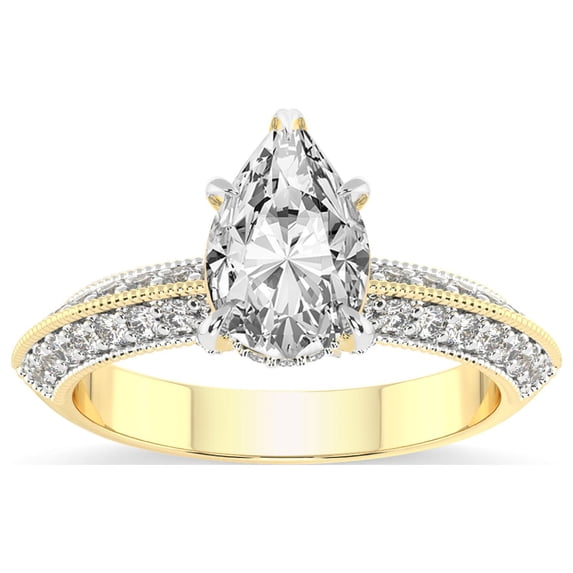 Pear Shape 1 Carat IGI Certified Lab Grown Diamond Ring | 14K Yellow Gold | Dua Side Stone Knife Edge Lab Diamond Ring | FG-VS1-VS2 Quality Friendly Diamonds
