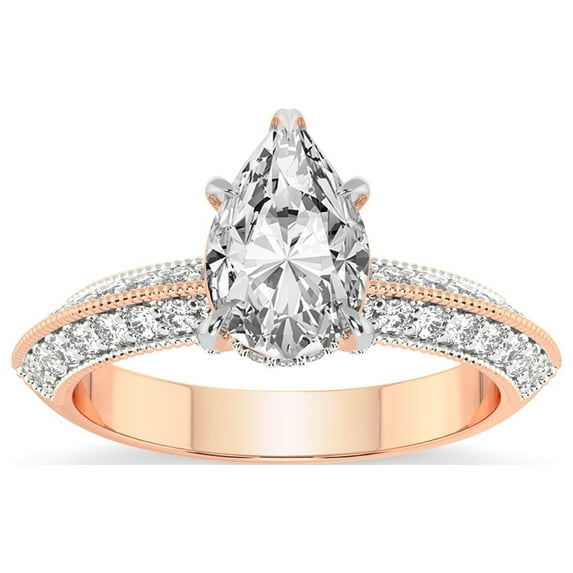 Pear Shape 2 Carat IGI Certified Lab Grown Diamond Ring | 14K Rose Gold | Dua Side Stone Knife Edge Lab Diamond Ring | FG-VS1-VS2 Quality Friendly Diamonds