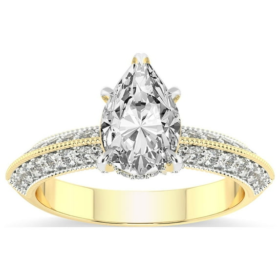 Pear Shape 2 Carat IGI Certified Lab Grown Diamond Ring | 14K Yellow Gold | Dua Side Stone Knife Edge Lab Diamond Ring | FG-VS1-VS2 Quality Friendly Diamonds