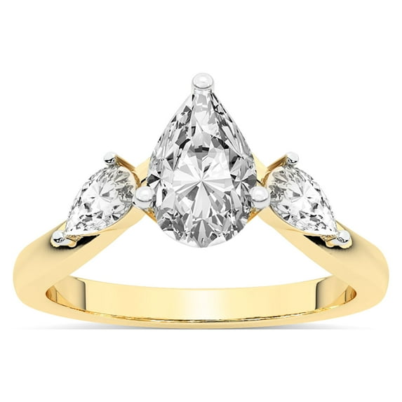 Pear Shape 5 Carat IGI Certified Lab Grown Diamond Ring | 14K Yellow Gold | Joella Three Stone Chevron Diamond Ring | FG-VS1-VS2 Quality Friendly Diamonds