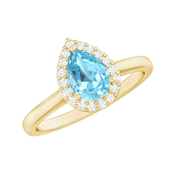 Rosec Jewels Natural Aquamarine Teardrop Engagement Ring - Aquamarine Diamond Ring for Women - AAA Grade - With Jewelry Box, 14K Yellow Gold, US 4.00