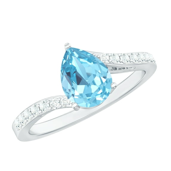 Rosec Jewels Pear Shape Aquamarine Solitaire Ring with Diamond, Bypass Ring - 6X8 MM, 14K White Gold, US 12.50
