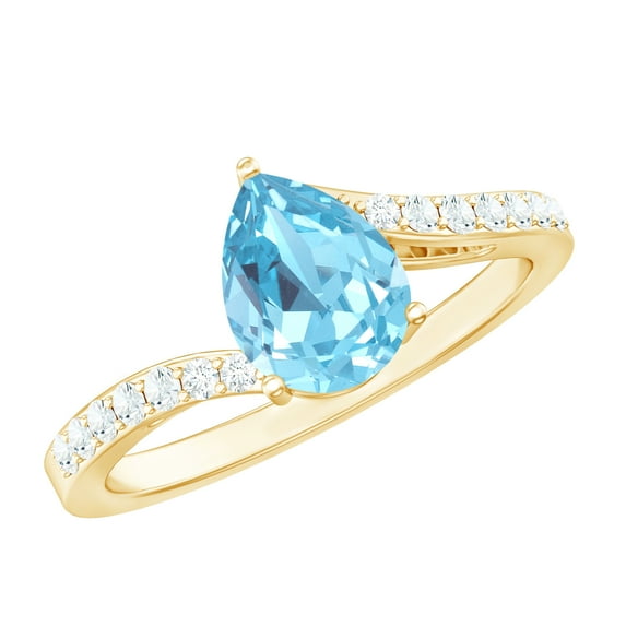 Rosec Jewels Pear Shape Aquamarine Solitaire Ring with Diamond, Bypass Ring - 6X8 MM, 14K Yellow Gold, US 9.50