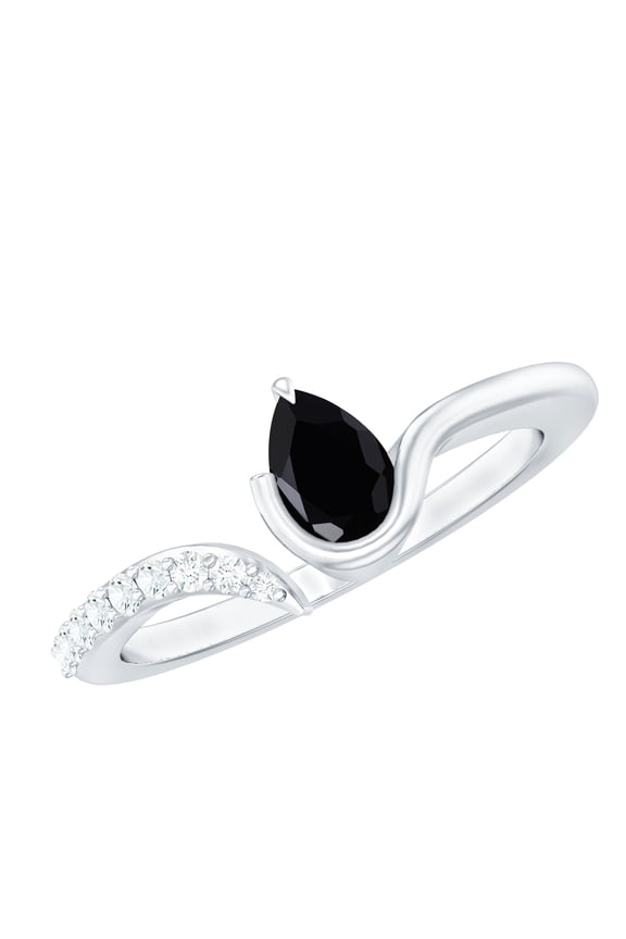 Black Onyx Promise Ring with Diamond - Open Cuff Ring - AAA Grade Onyx December Birthstone Ring - Ready to Gift, 10K White Gold, US 10.00