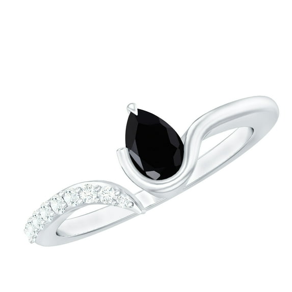 Rosec Jewels Black Onyx Promise Ring with Diamond - Open Cuff Ring - AAA Grade Onyx December Birthstone Ring - Ready to Gift, 10K White Gold, US 7.50