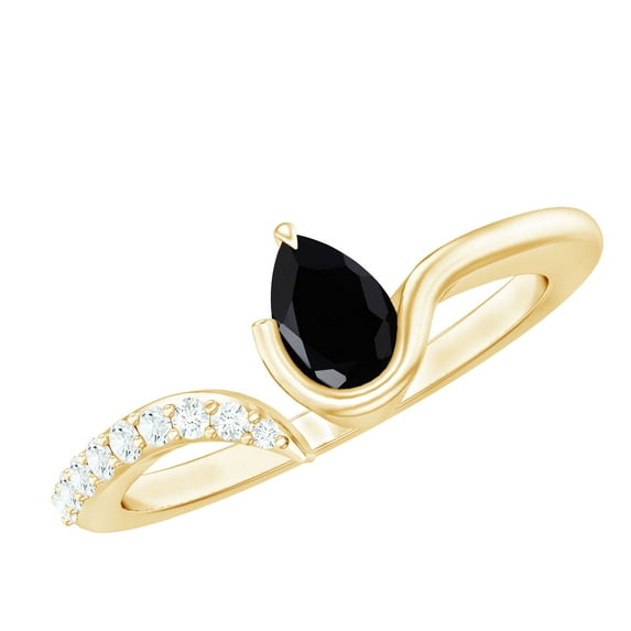 Rosec Jewels Black Onyx Promise Ring with Diamond - Open Cuff Ring - AAA Grade Onyx December Birthstone Ring - Ready to Gift, 18K Yellow Gold, US 6.50