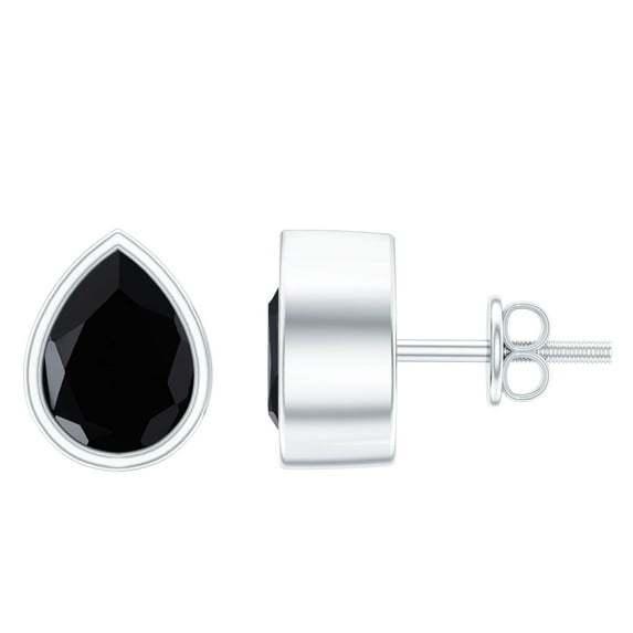 Rosec Jewels Pear Shape Black Onyx Solitaire Stud Earrings for Women - 6X8 mm, 18K White Gold