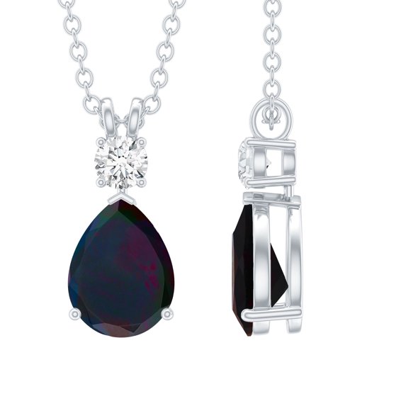 Rosec Jewels Natural Black Opal Teardrop Pendant Necklace - 1 Ct - 6X8 mm - AAA Grade - Opal Diamond Necklace - with Jewelry Box, 18K White Gold