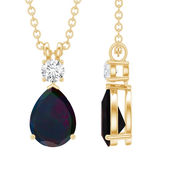 Rosec Jewels Natural Black Opal Teardrop Pendant Necklace - 1 Ct - 6X8 mm - AAA Grade - Opal Diamond Necklace - with Jewelry Box, 18K Yellow Gold