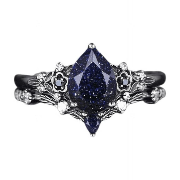Pear Shape Blue Sandstone Floral Engagement Ring Set - 14K Black Gold Finish - Gothic Flower Ring