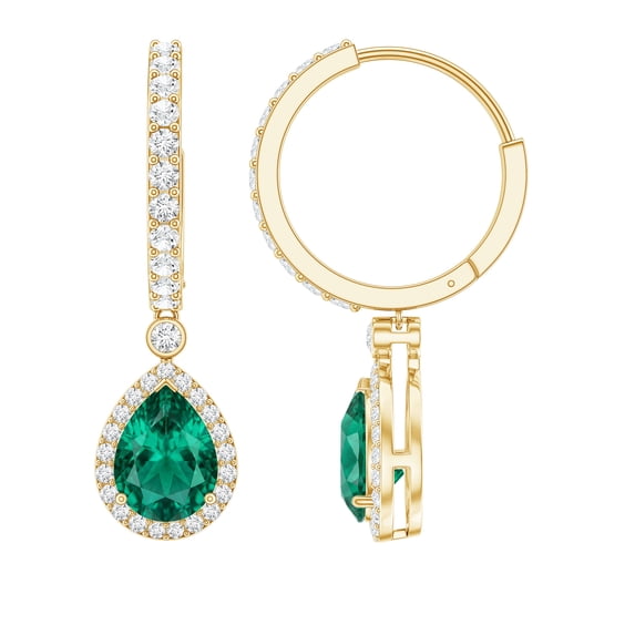 Rosec Jewels Lab Grown Emerald Drop Earrings (6X8mm Pear, AAAA Grade) - Emerald Hoop Earrings with Moissanite - Ready to Gift, 10K Yellow Gold